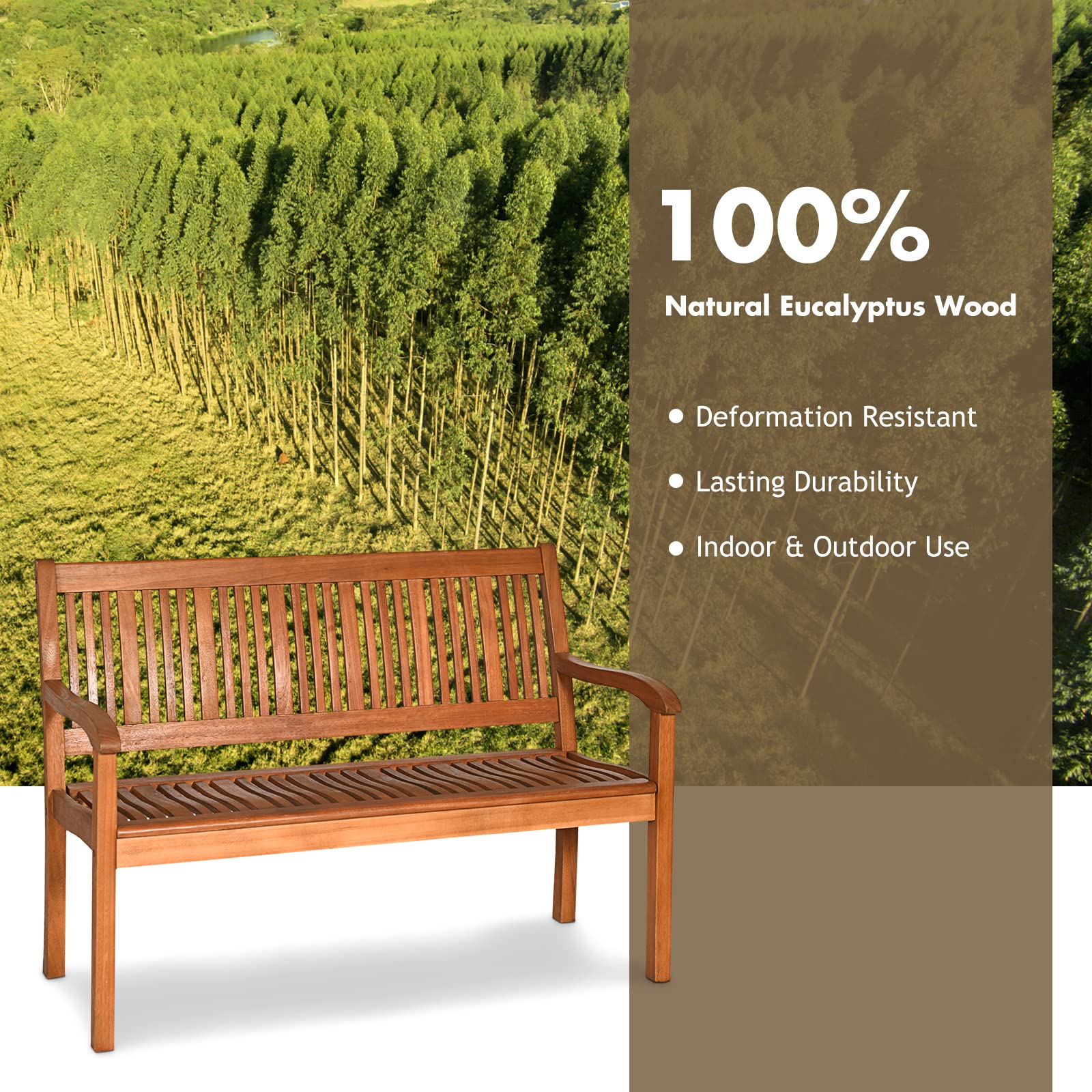 Eucalyptus Outdoor Loveseat Bench with Curved Armrests