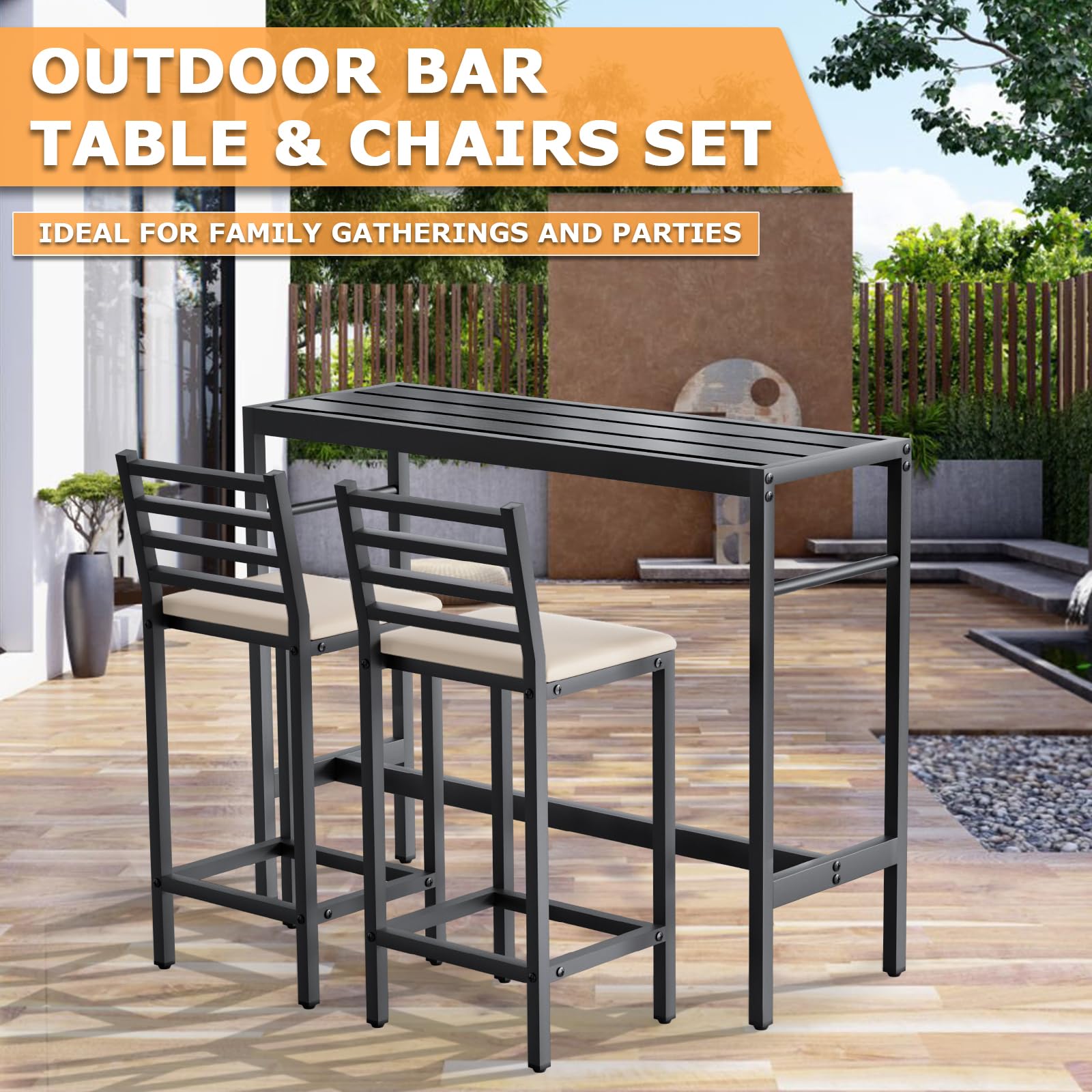 Outdoor Patio Bar Set 3 Piece with Cushioned Stools