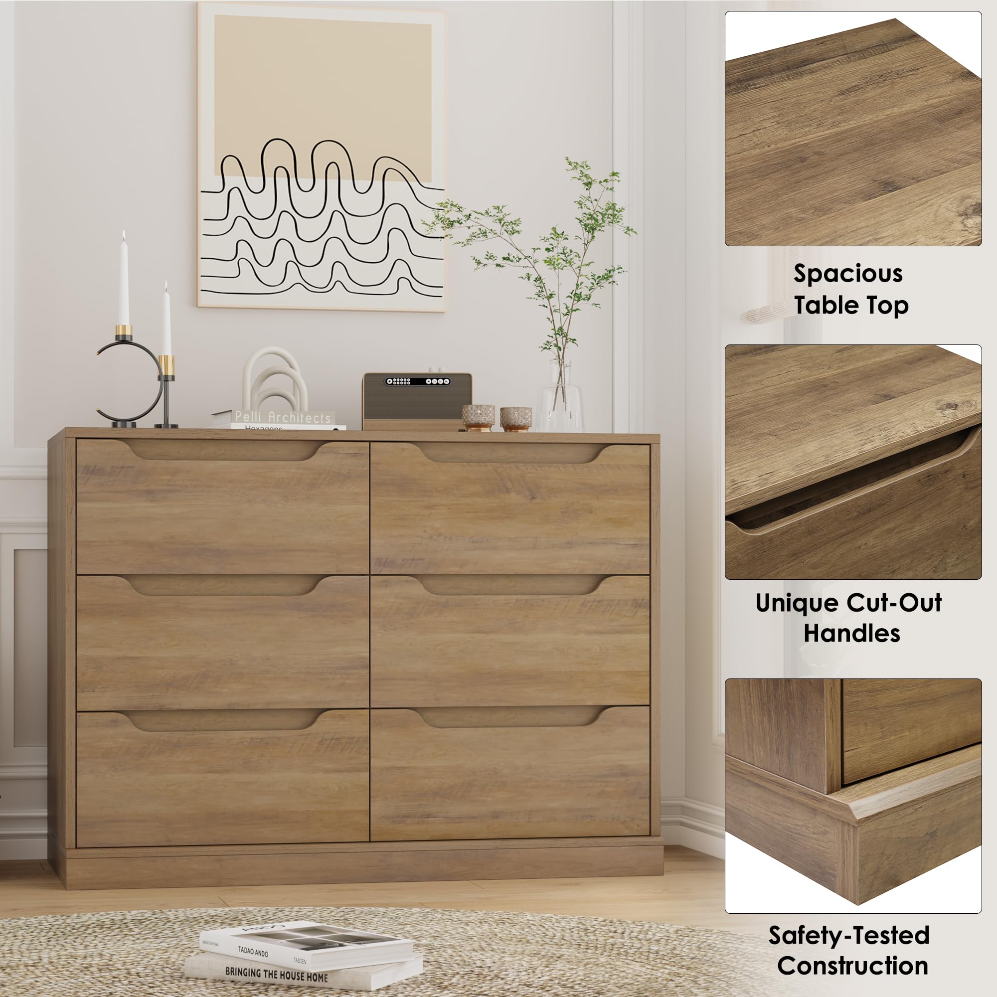 Modern 6 Drawer Dresser with Cut-Out Handles