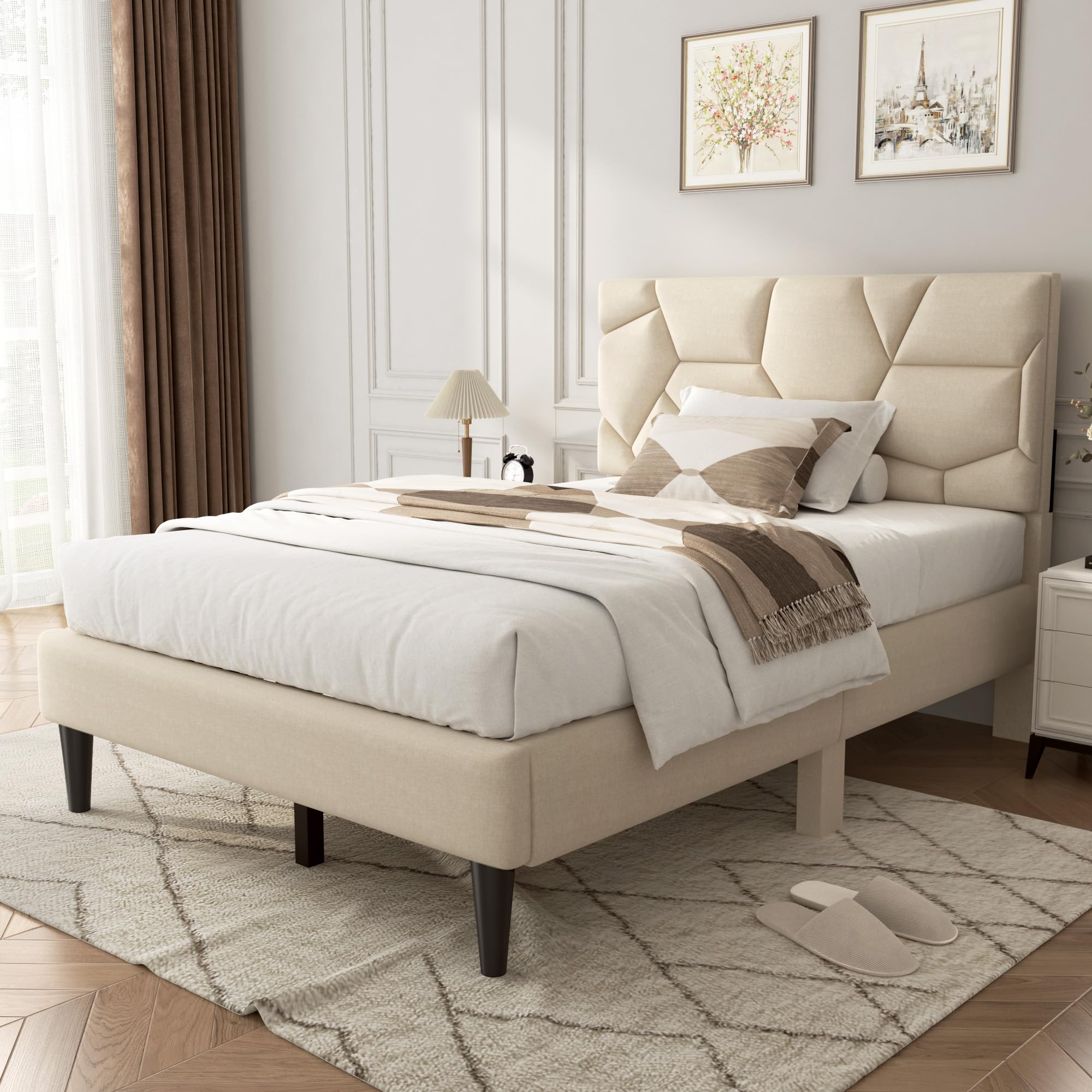 Queen Size Upholstered Platform Bed Frame with Wooden Slats