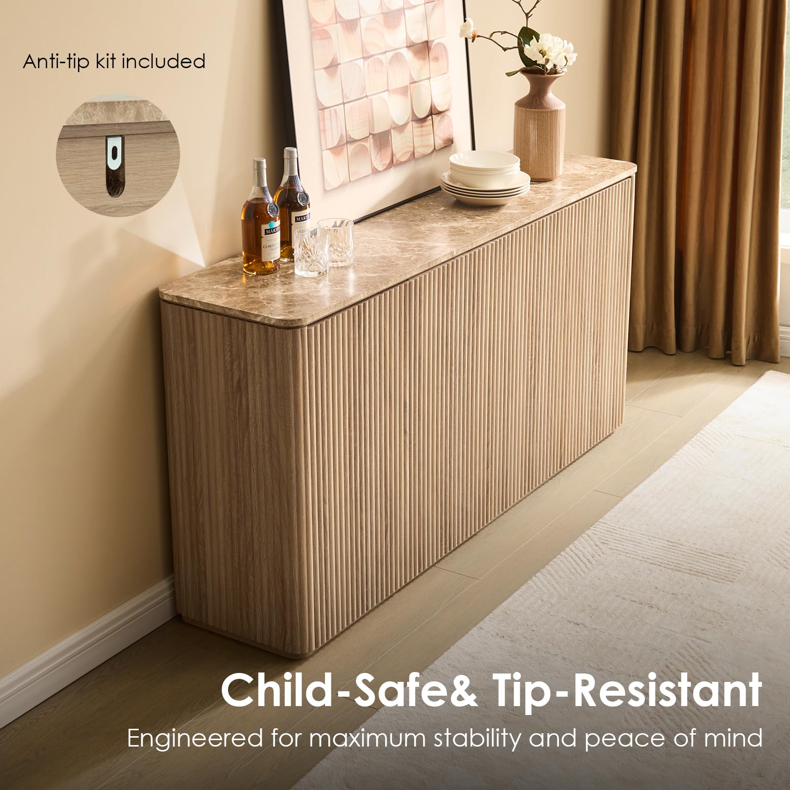 Fluted Sideboard Cabinet with Storage 64 Inch