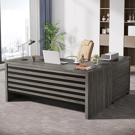 62.2" L-Shaped Executive Desk with Mobile File Cabinet