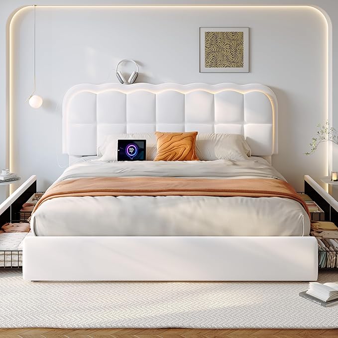 Twin Velvet Platform Bed with Storage & LED Headboard