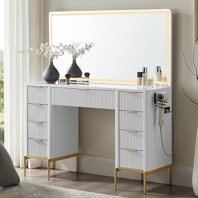 48" Fluted Makeup Vanity Desk with LED Mirror and Charging Station