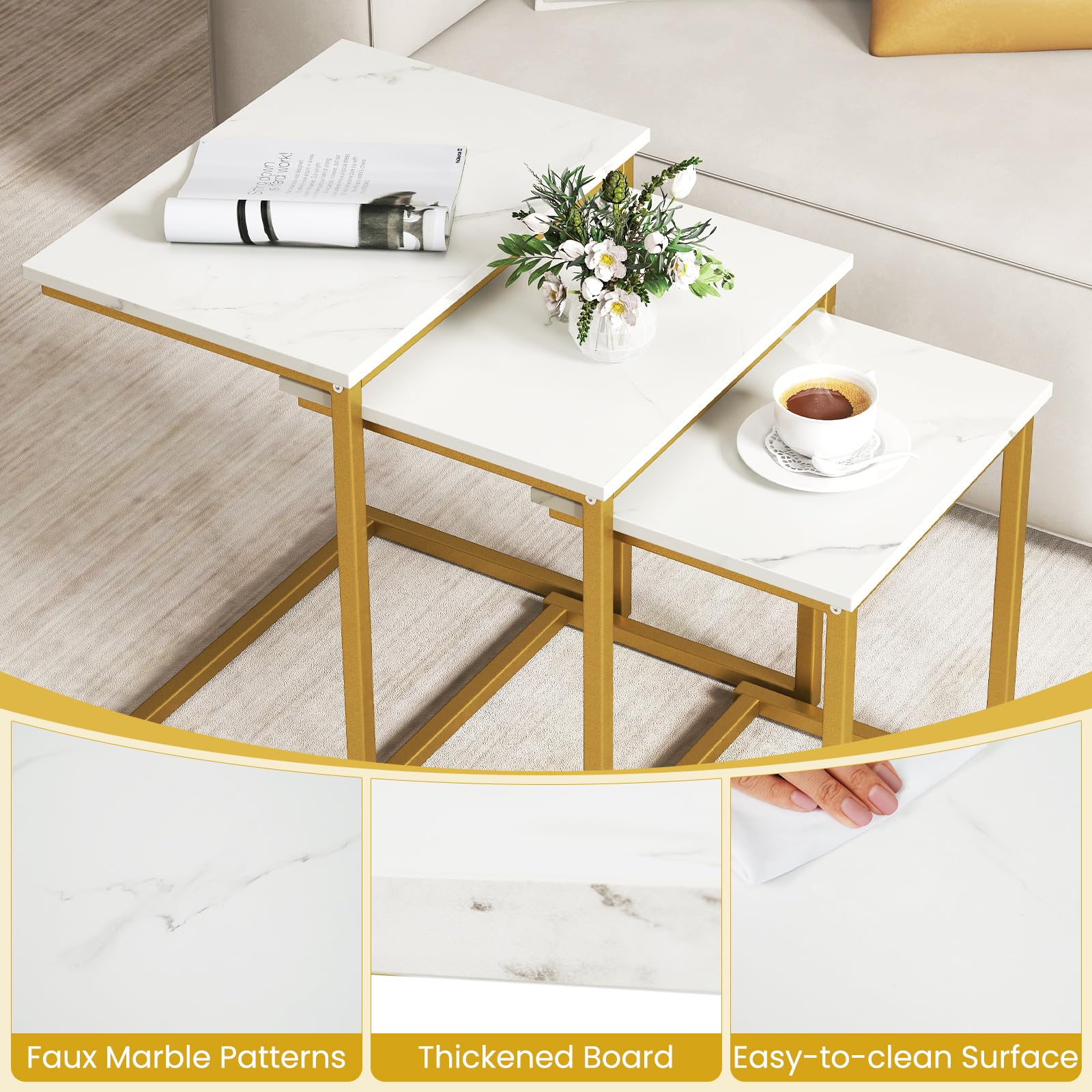 GOFLAME Nesting Coffee Tables Set of 3, Rectangular Nesting Center Table with Faux Marble Top & Metal Frame, Modern C-Shaped Nested Side Table Set for Living Room, Gold & White