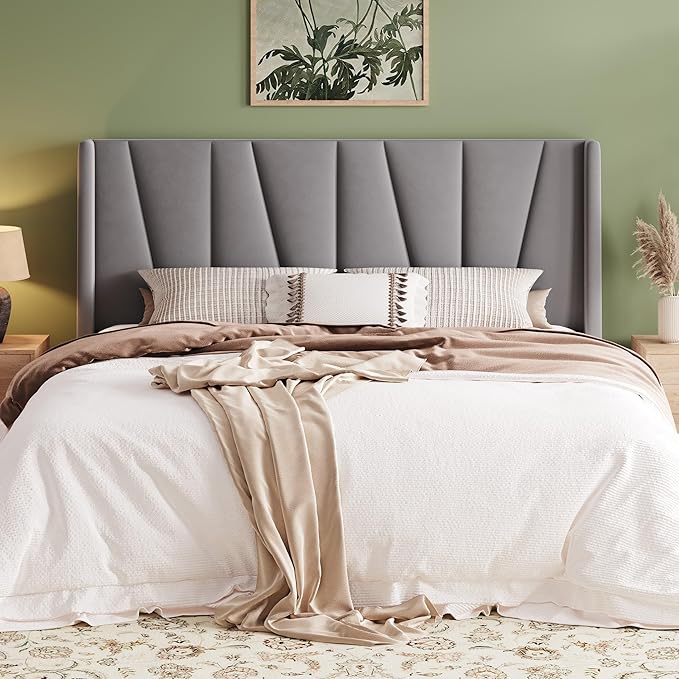 Queen Platform Bed Frame with Geometric Wingback Headboard