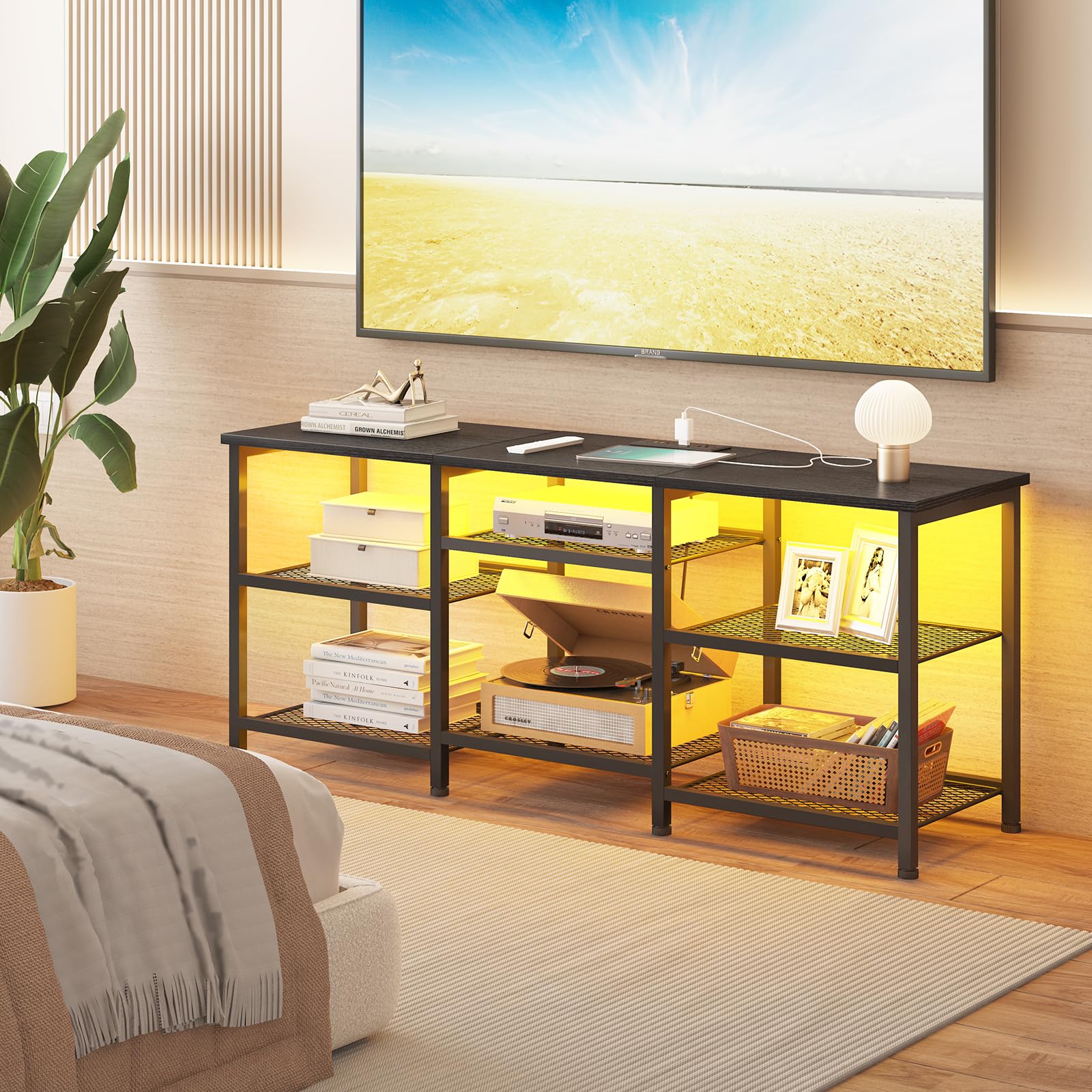 TV Stand with Charging Station and LED Lights