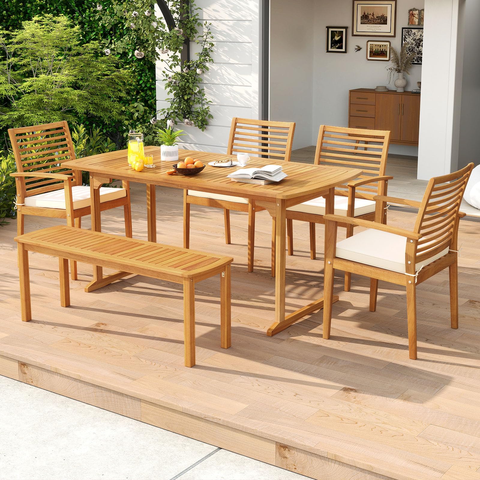 6-Piece Outdoor Acacia Wood Dining Set with Cushioned Chairs and Bench