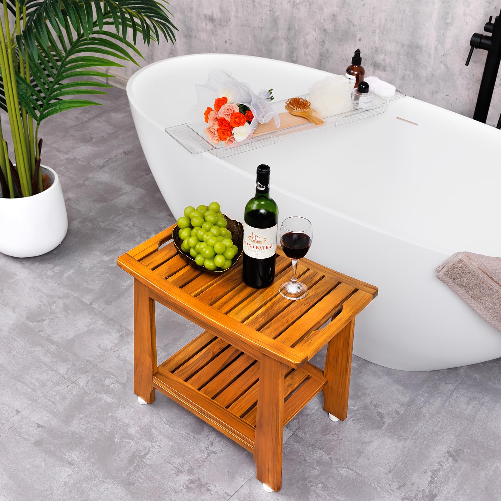 Compact Teak Shower Stool with Shelf and Handle