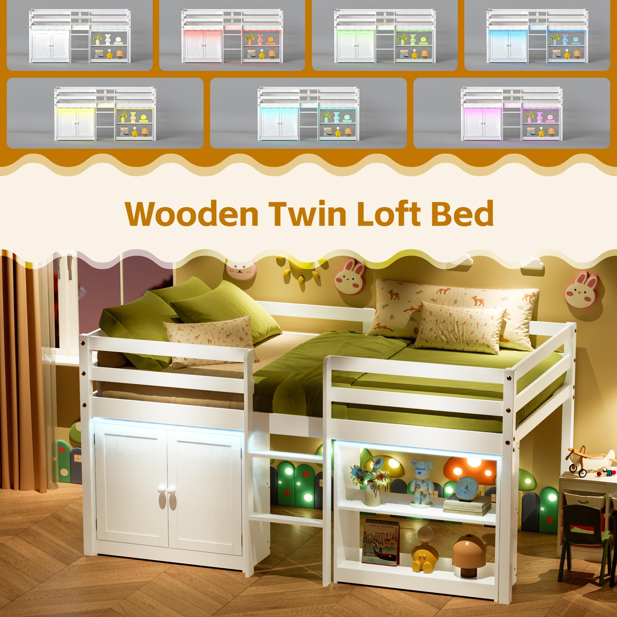 Twin Loft Bed with Lights and Storage Bookcase