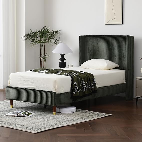 Queen Size Upholstered Platform Bed Frame with Vertical Striped Wingback Headboard
