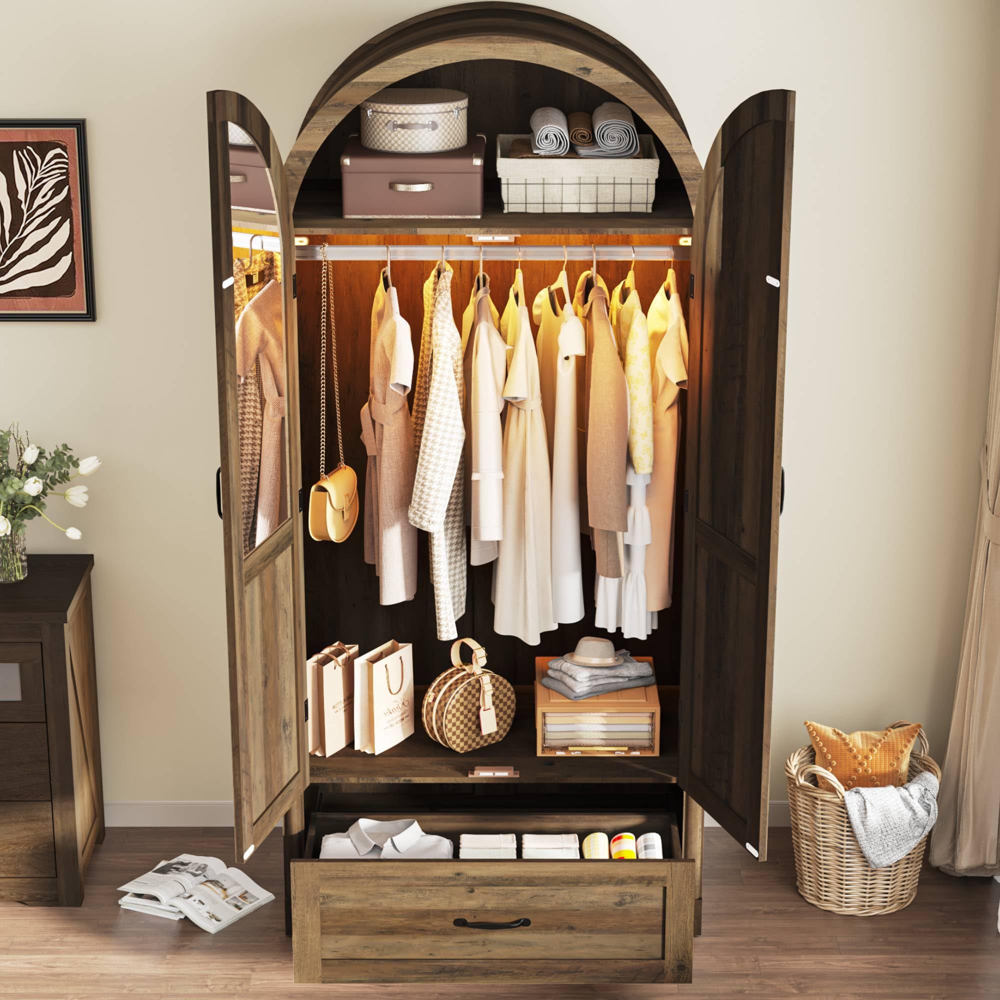 2-Door Armoire Wardrobe with Mirror and Lights