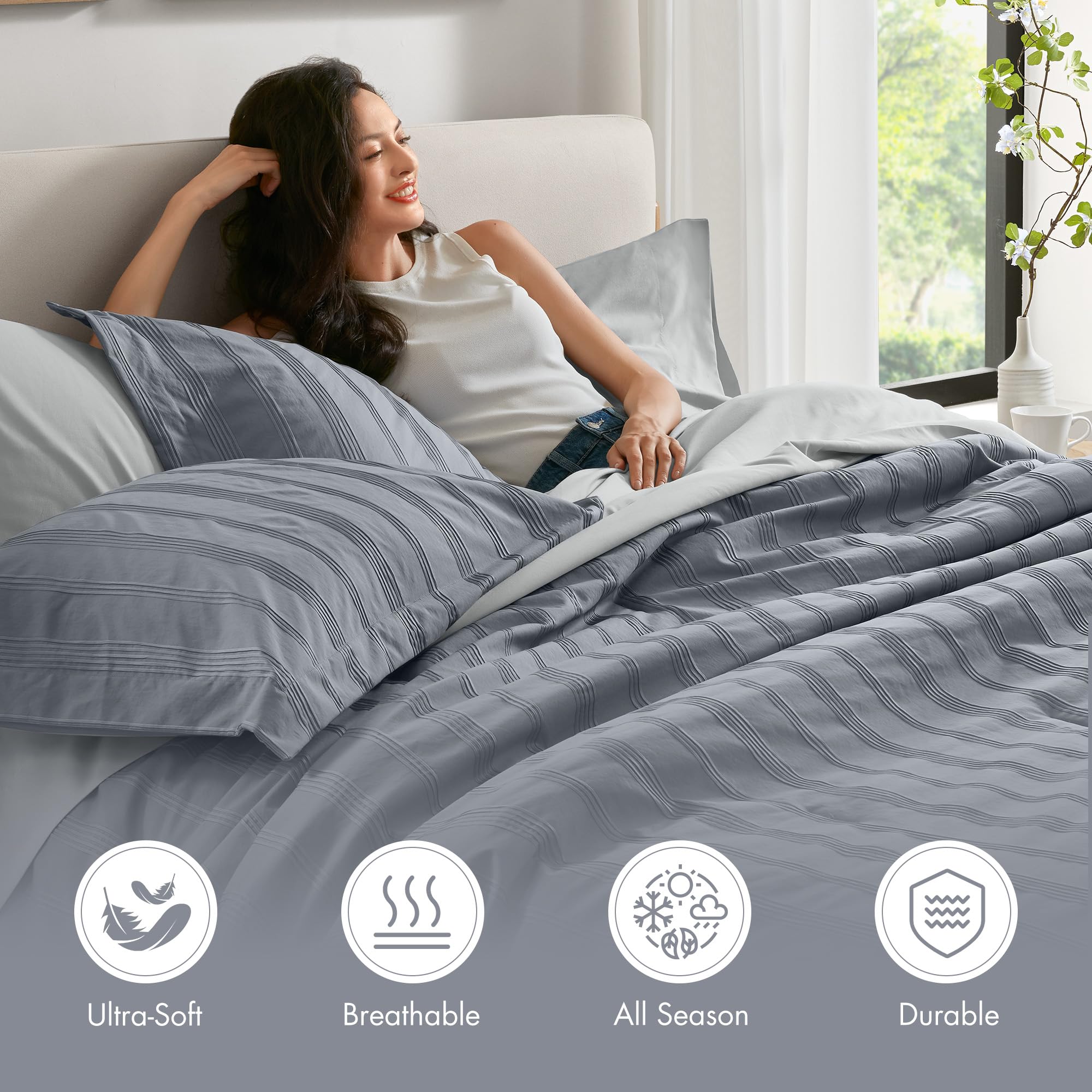 Queen Striped Comforter Set - 7 Piece Bed in a Bag