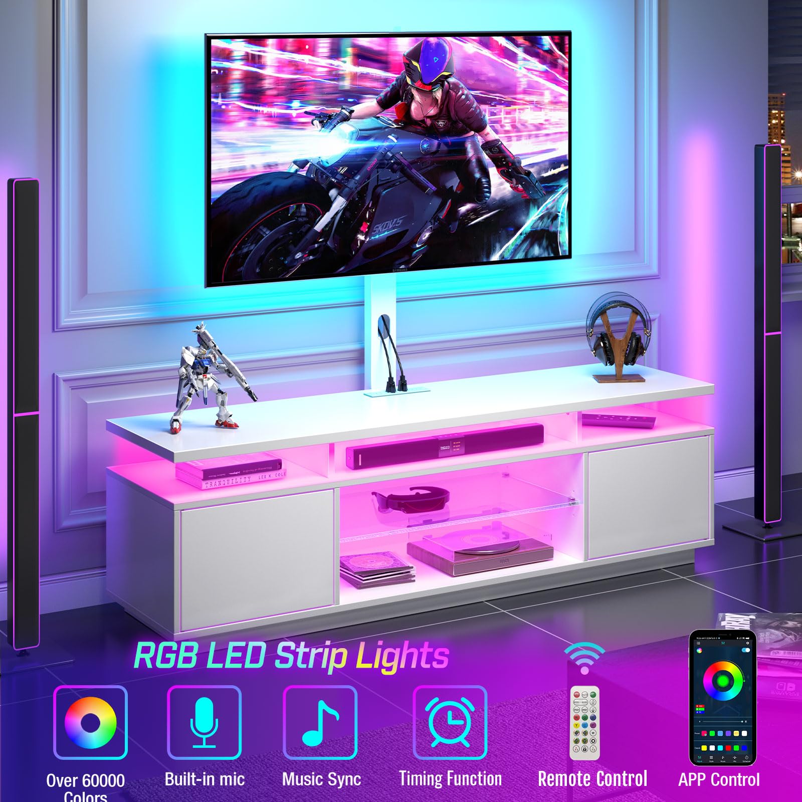 TV Stand with Mount and Power Outlet 59.1" - Swivel Height Adjustable Entertainment Center