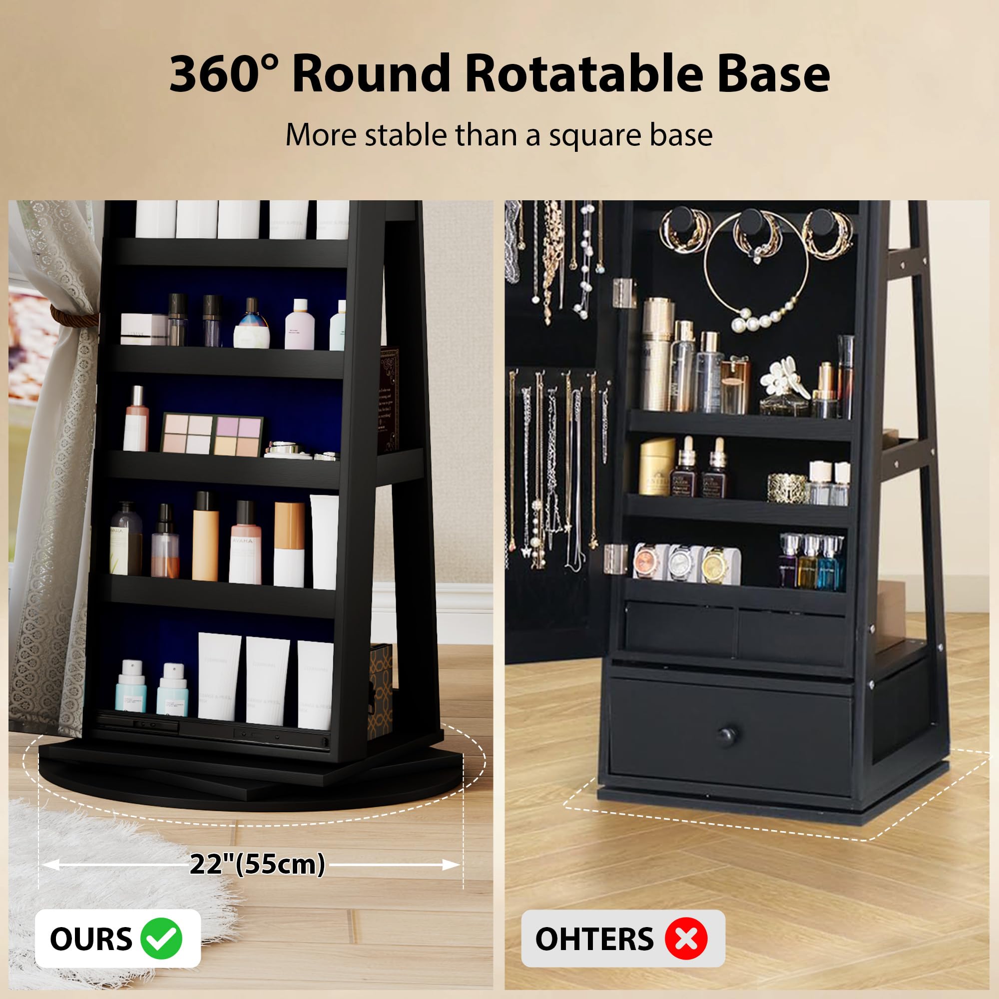 360° Rotating Jewelry Mirror Cabinet with LED Lights