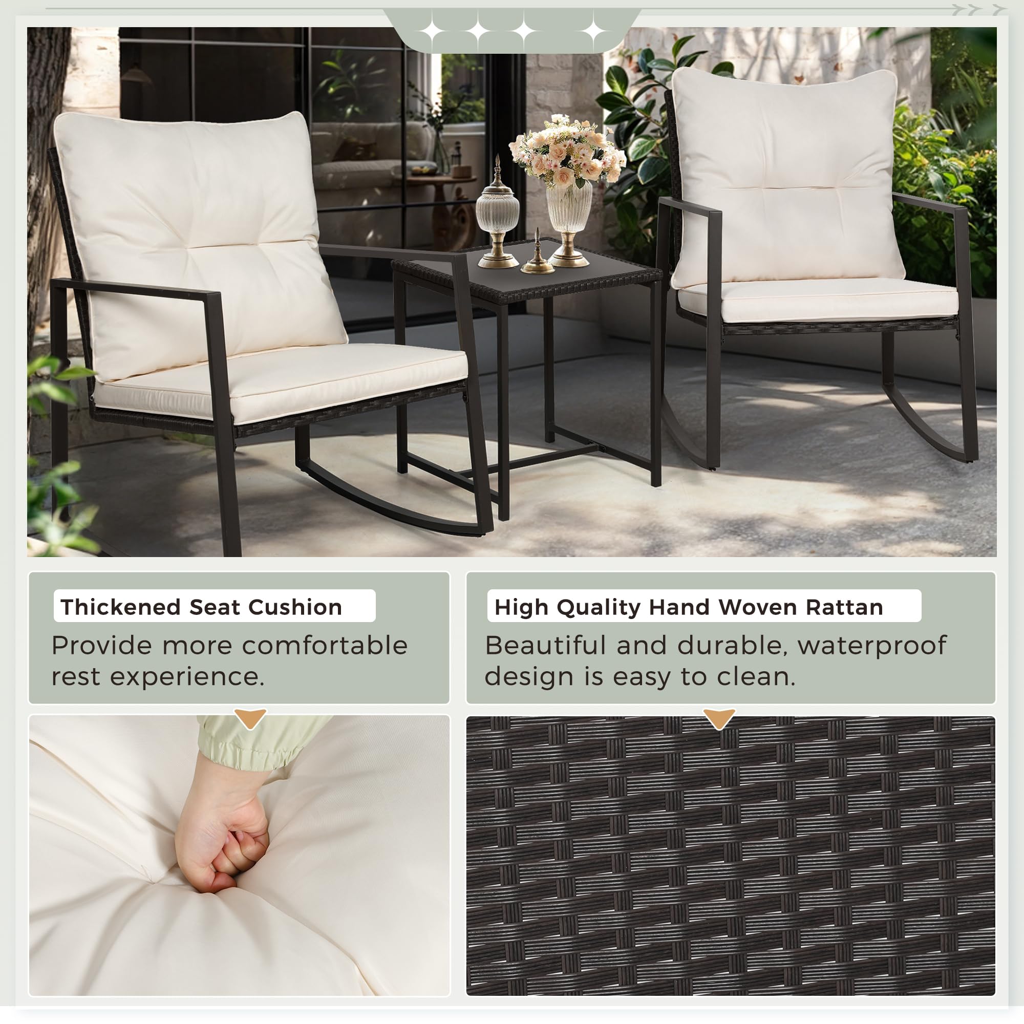 3-Piece Outdoor Rocking Bistro Set with Glass Coffee Table