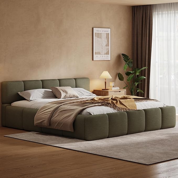 King Size Boucle Platform Bed with Thick Headboard
