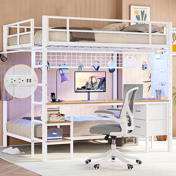 Full Over Twin Metal Bunk Bed with Desk and LED Lights