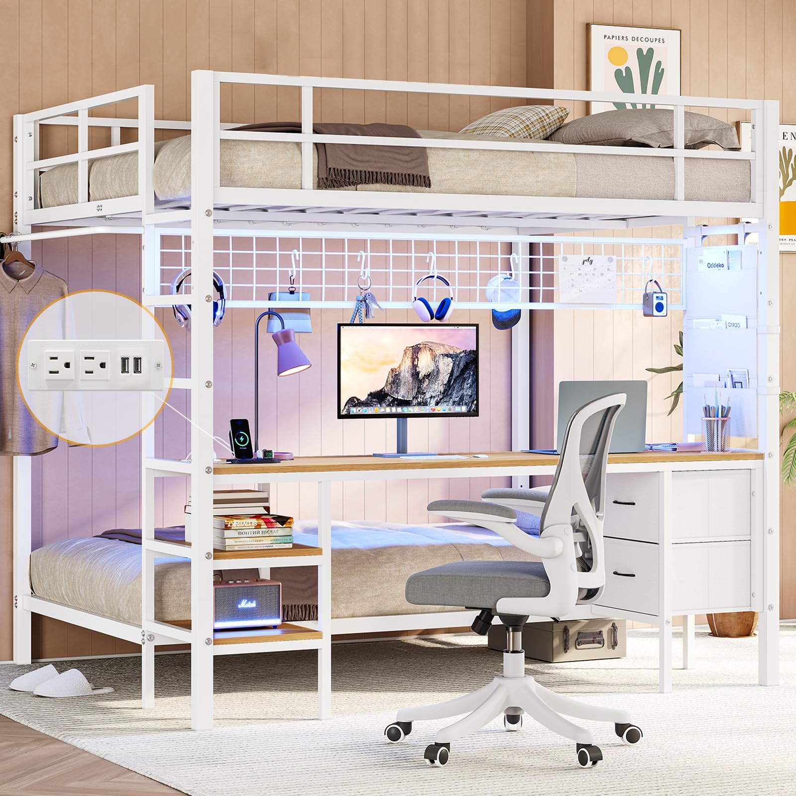 Full Over Twin Metal Bunk Bed with Desk and LED Lights