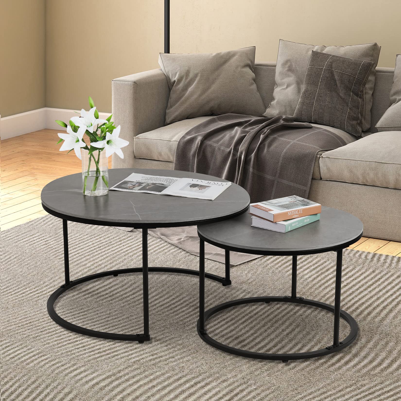 Wisfor Round Nesting Coffee Table: Set of 2 Sintered Stone Stacking Side Table with Black Metal Frame for Living Room, 31.5x17.7 (23.6x15.7)