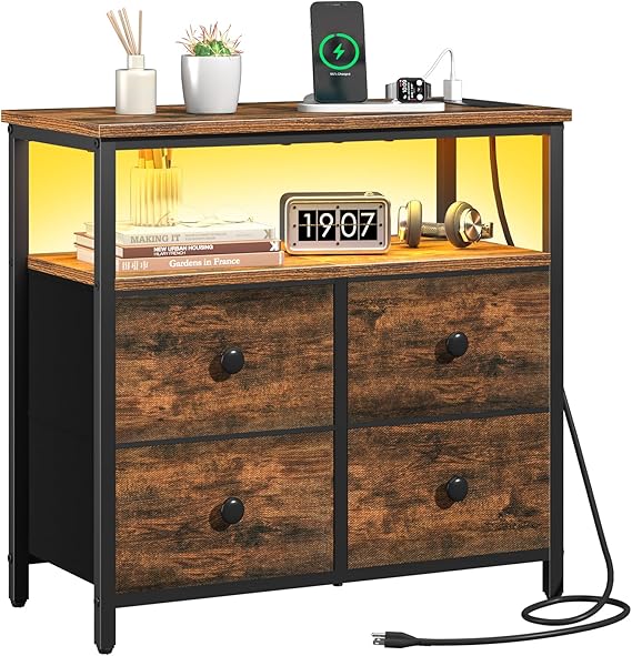 LED Nightstand with Charging Station and 4 Drawers