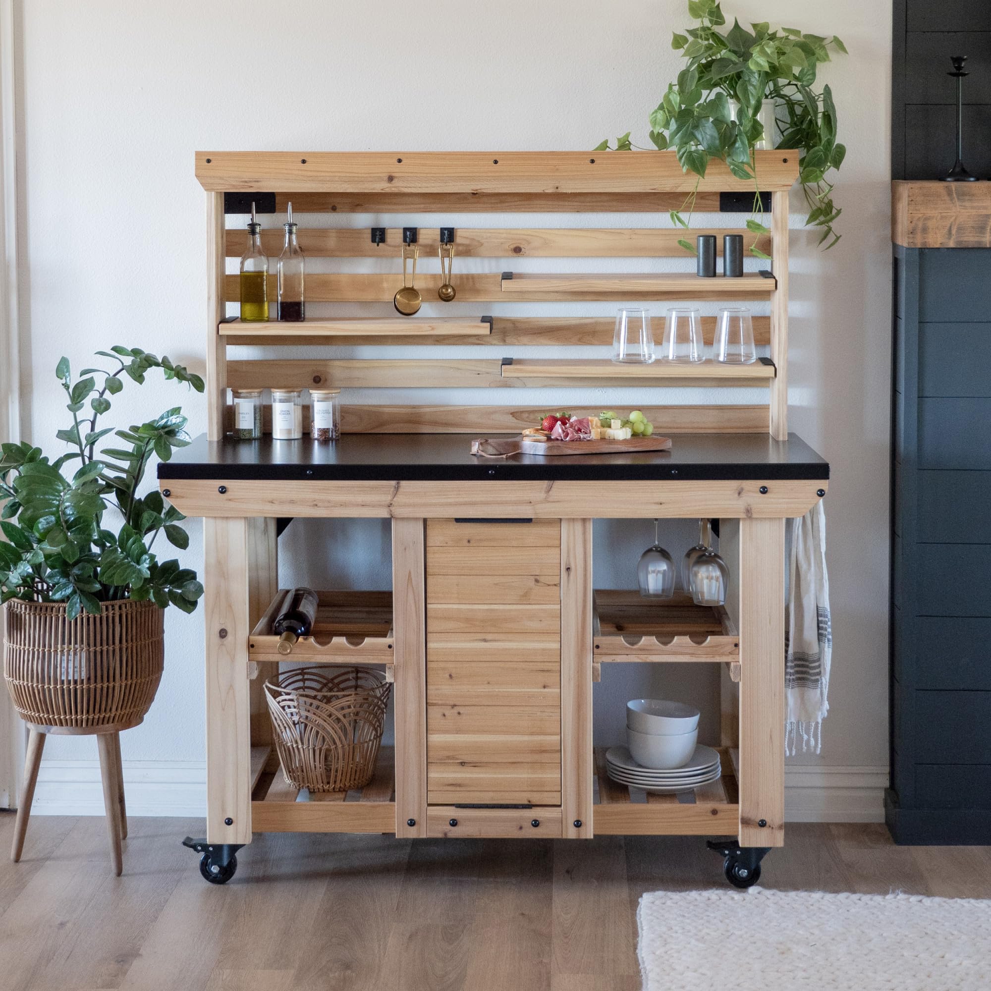 Cedar Wood Buffet Hutch Serving Station with Steel Countertop