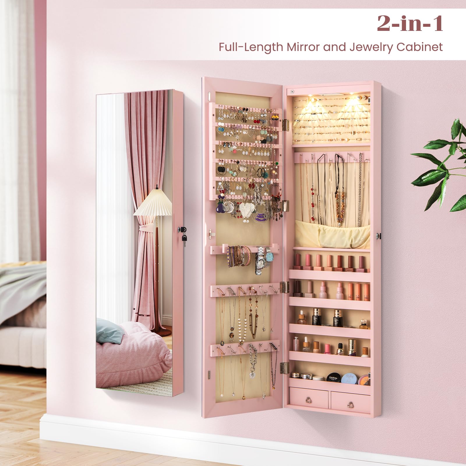 Wall-Mounted Jewelry Armoire with Full-Length Mirror and LED Lights