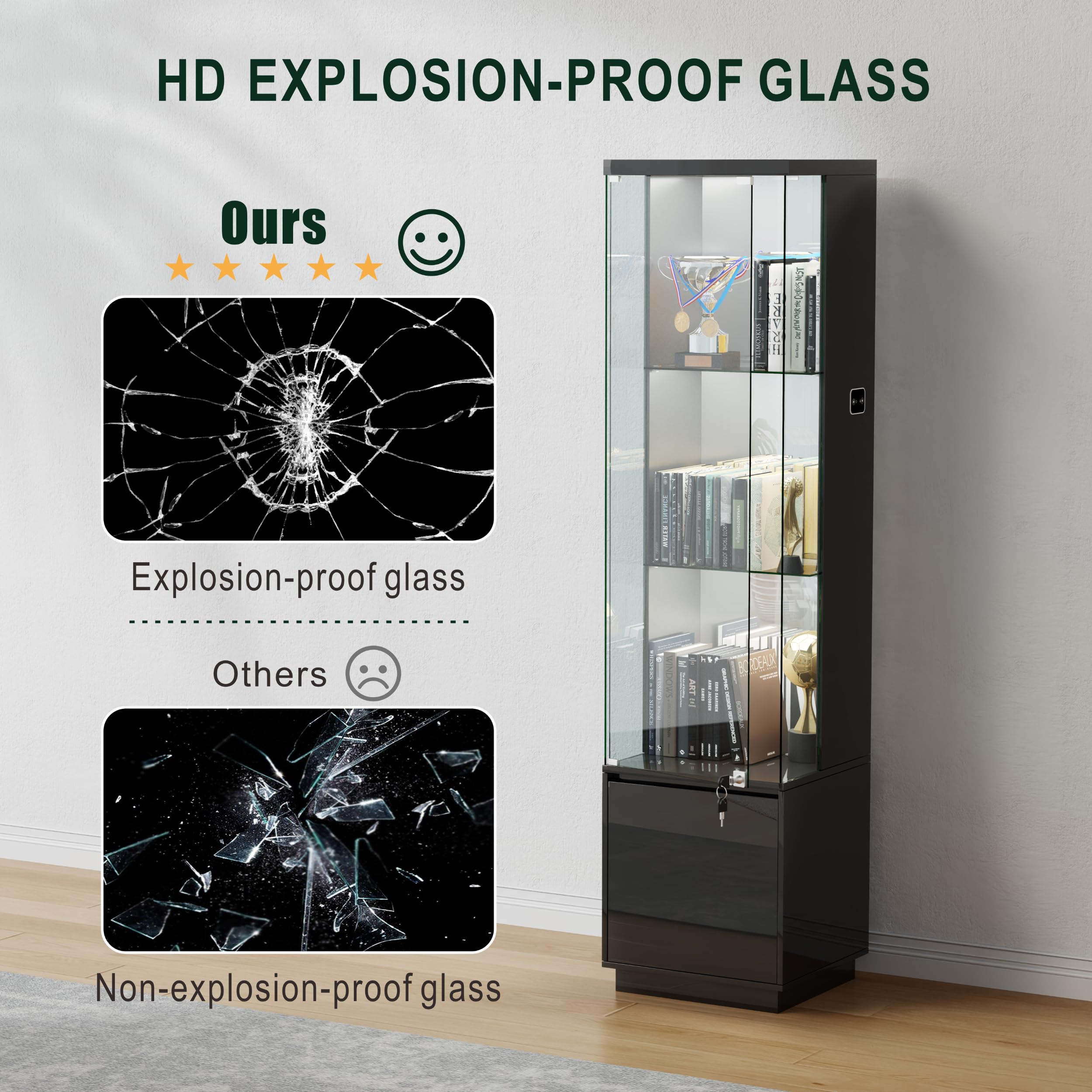 65" LED Lighted Glass Display Cabinet with Lockable Door
