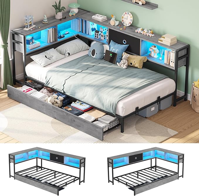Full Corner Bed Frame with Storage Drawers and Bookcase Headboard