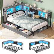 Twin Corner Bed Frame with Storage Drawers and Bookcase Headboard