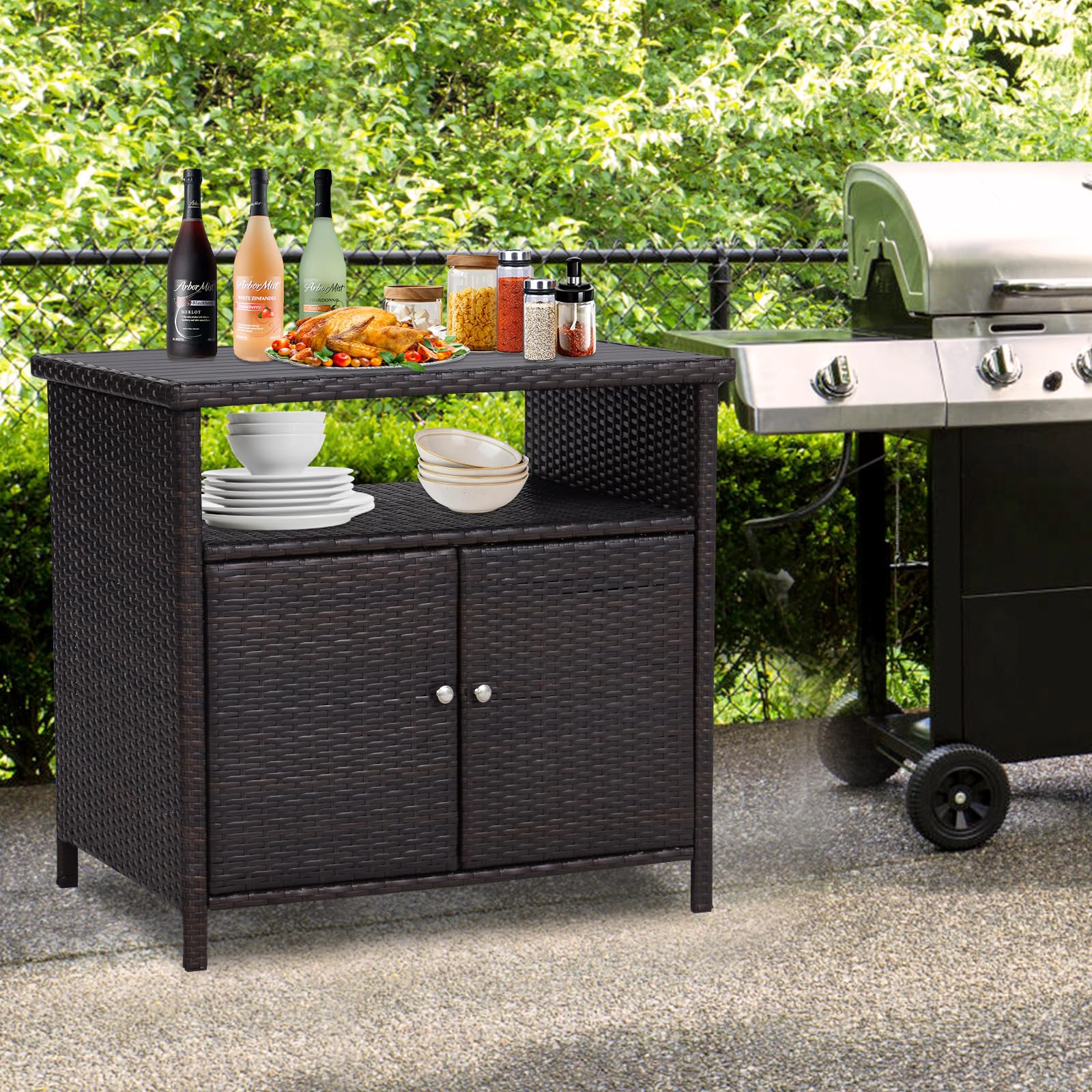 Outdoor Wicker Storage Cabinet with Doors