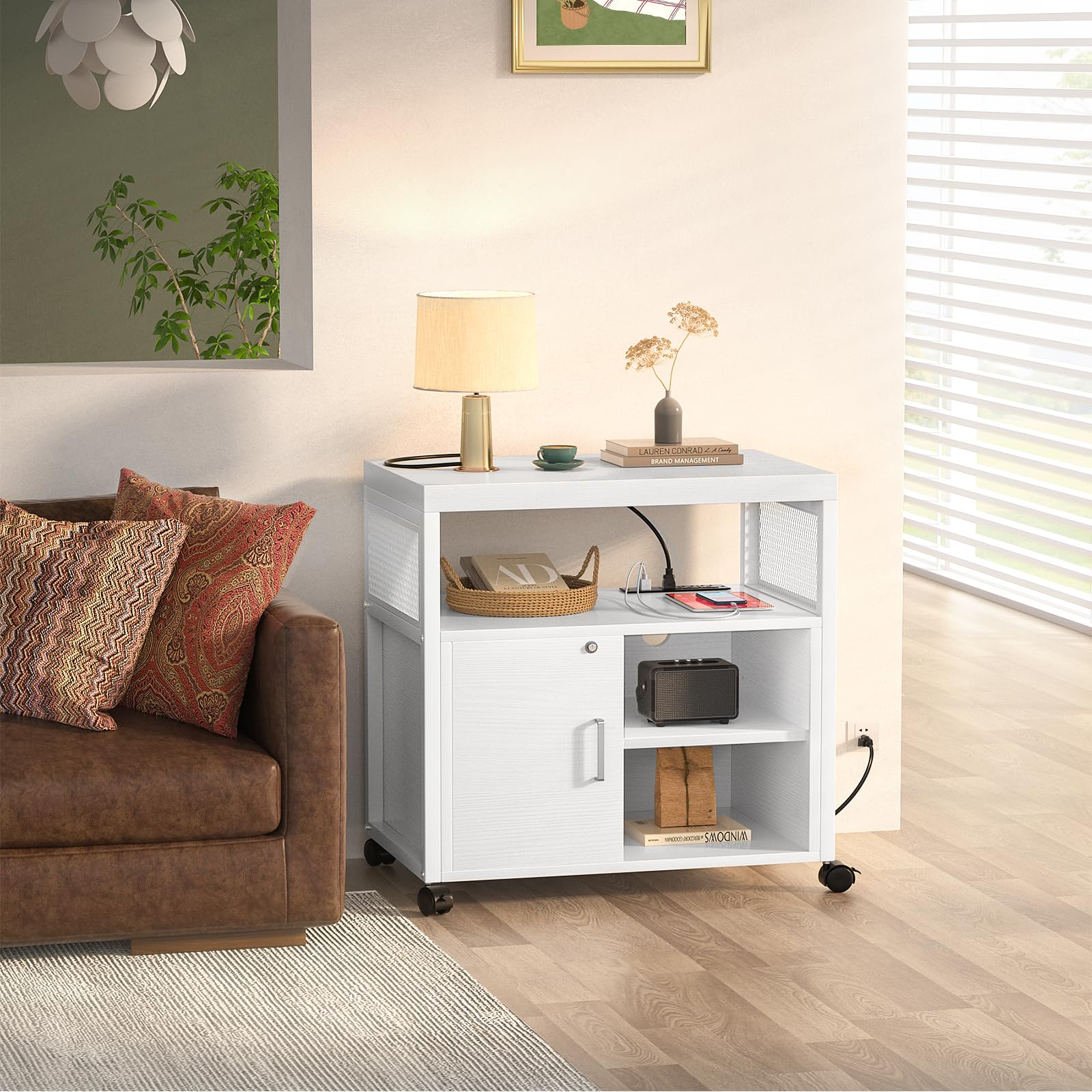 Rolling File Cabinet with USB Charging and Lockable Storage