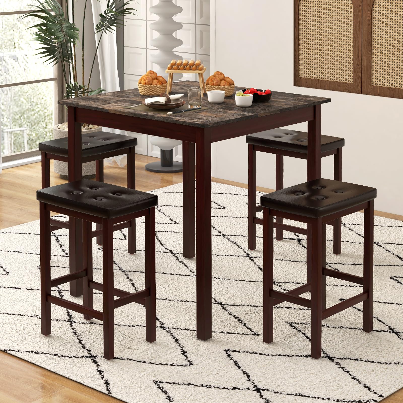 5-Piece Counter-Height Dining Set with Faux Marble Table