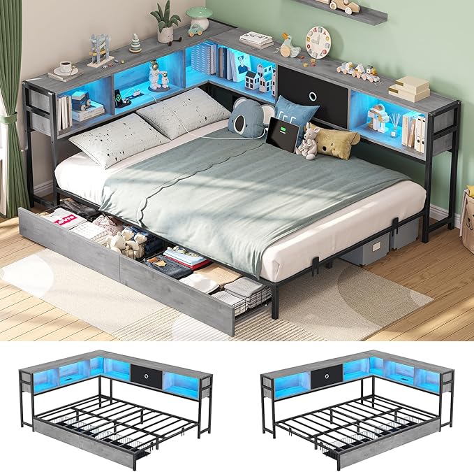 Full Corner Bed Frame with Storage Drawers and Bookcase Headboard
