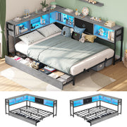 Full Corner Bed Frame with Storage Drawers and Bookcase Headboard