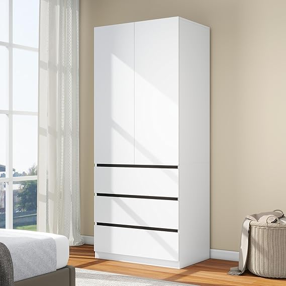White Bedroom Armoire with 6 Drawers and 4 Doors