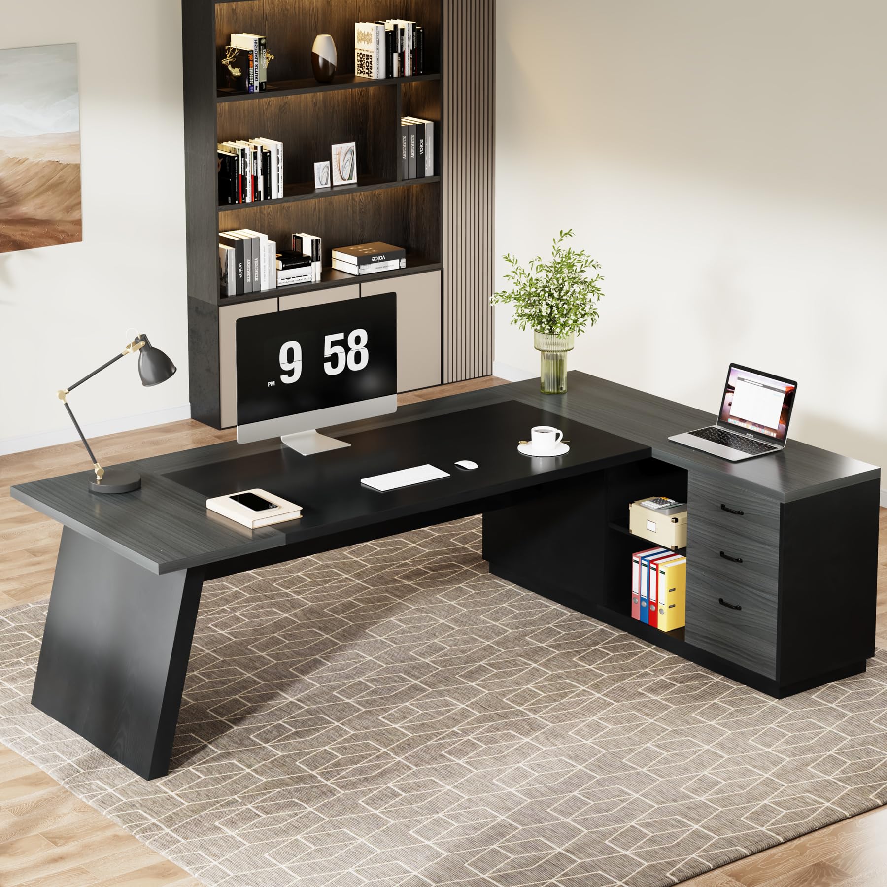 78" L-Shaped Executive Desk with Drawers and File Cabinet
