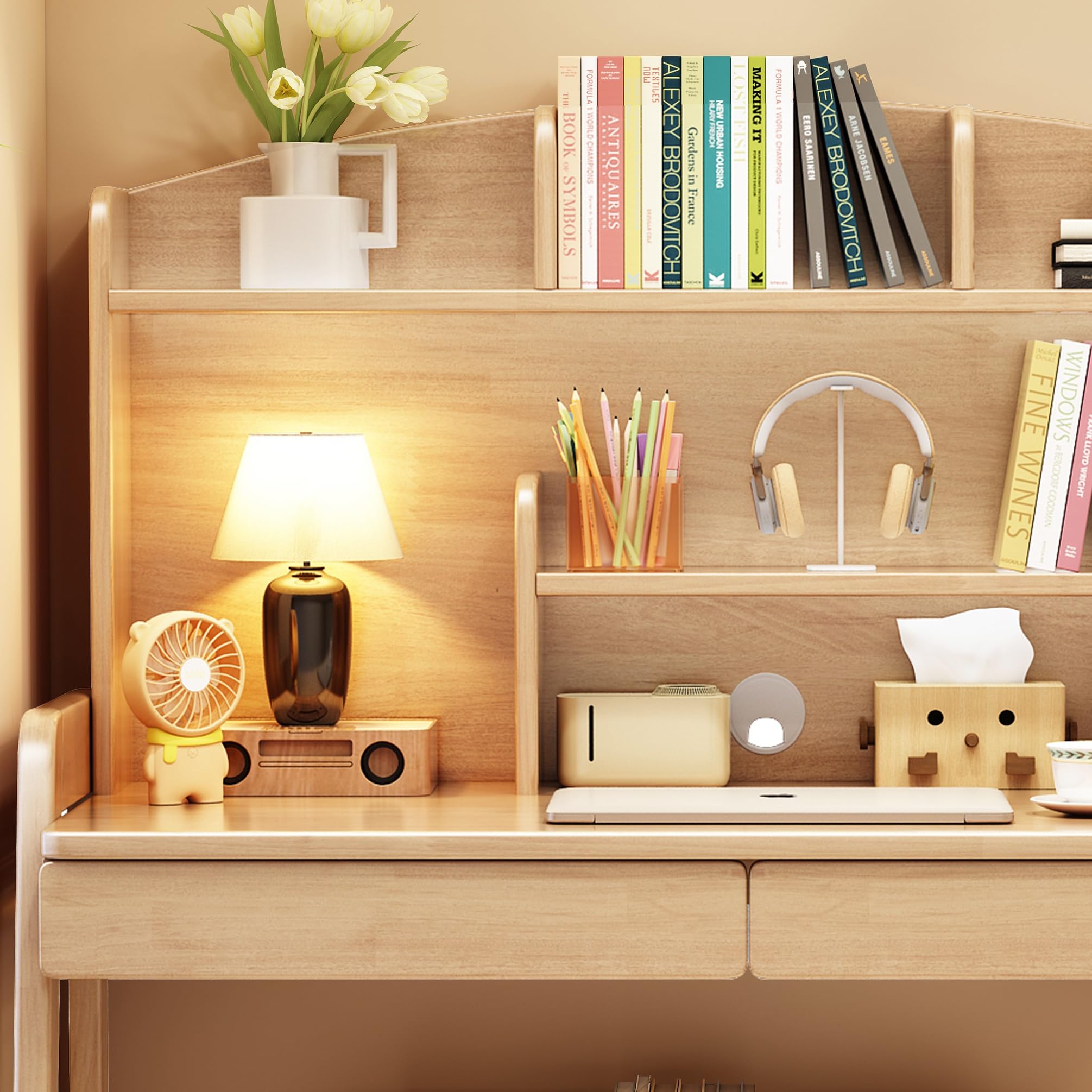 Kids Wooden Study Desk with Bookshelf and Two Drawers