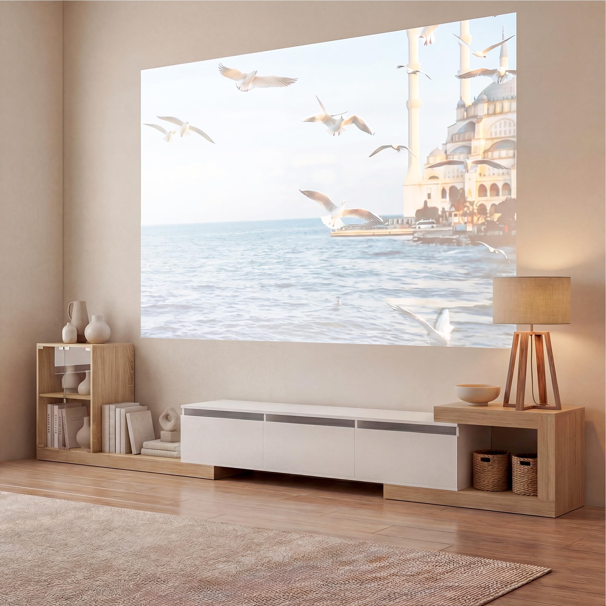 Extendable TV Stand with Glass Cabinet and LED Lighting
