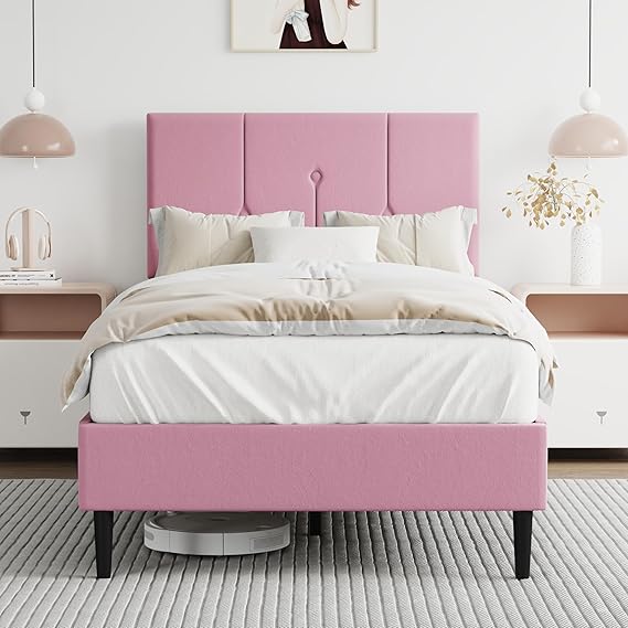 Full Size Pink Upholstered Platform Bed Frame