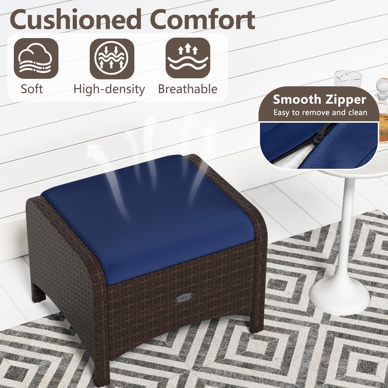 Wicker Outdoor Ottomans Set of 2 with Removable Cushions