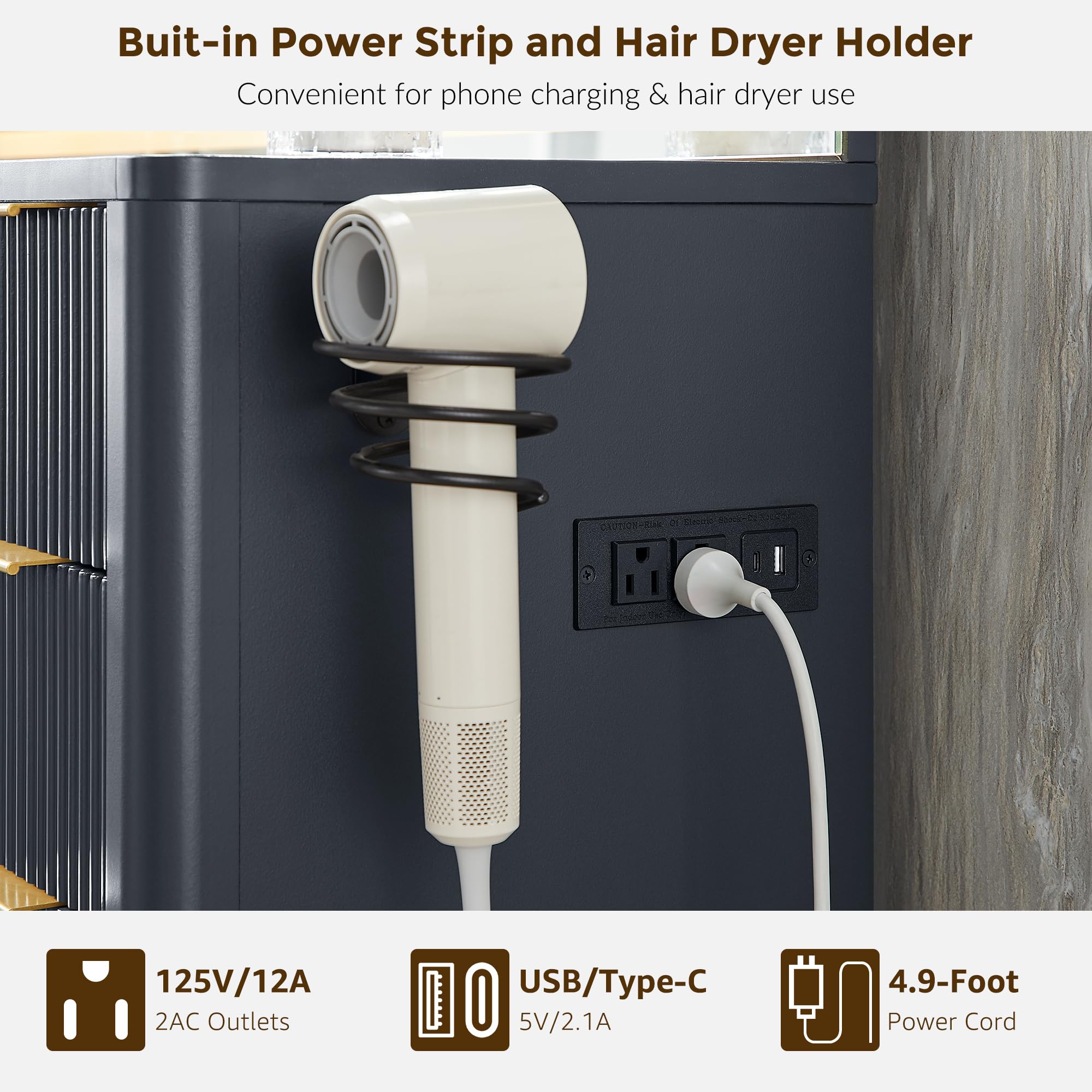 48" Fluted Makeup Vanity Desk with LED Mirror and Charging Station