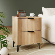 GRAINLLE Wood Night Stand Set 2 Fluted Dresser for Bedroom 2 Drawers End Tables Nightstands Set of 2, Storage Modern Bedside Table Set of 2, Oak Nightstand