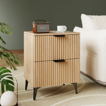 GRAINLLE Wood Night Stand Set 2 Fluted Dresser for Bedroom 2 Drawers End Tables Nightstands Set of 2, Storage Modern Bedside Table Set of 2, Oak Nightstand