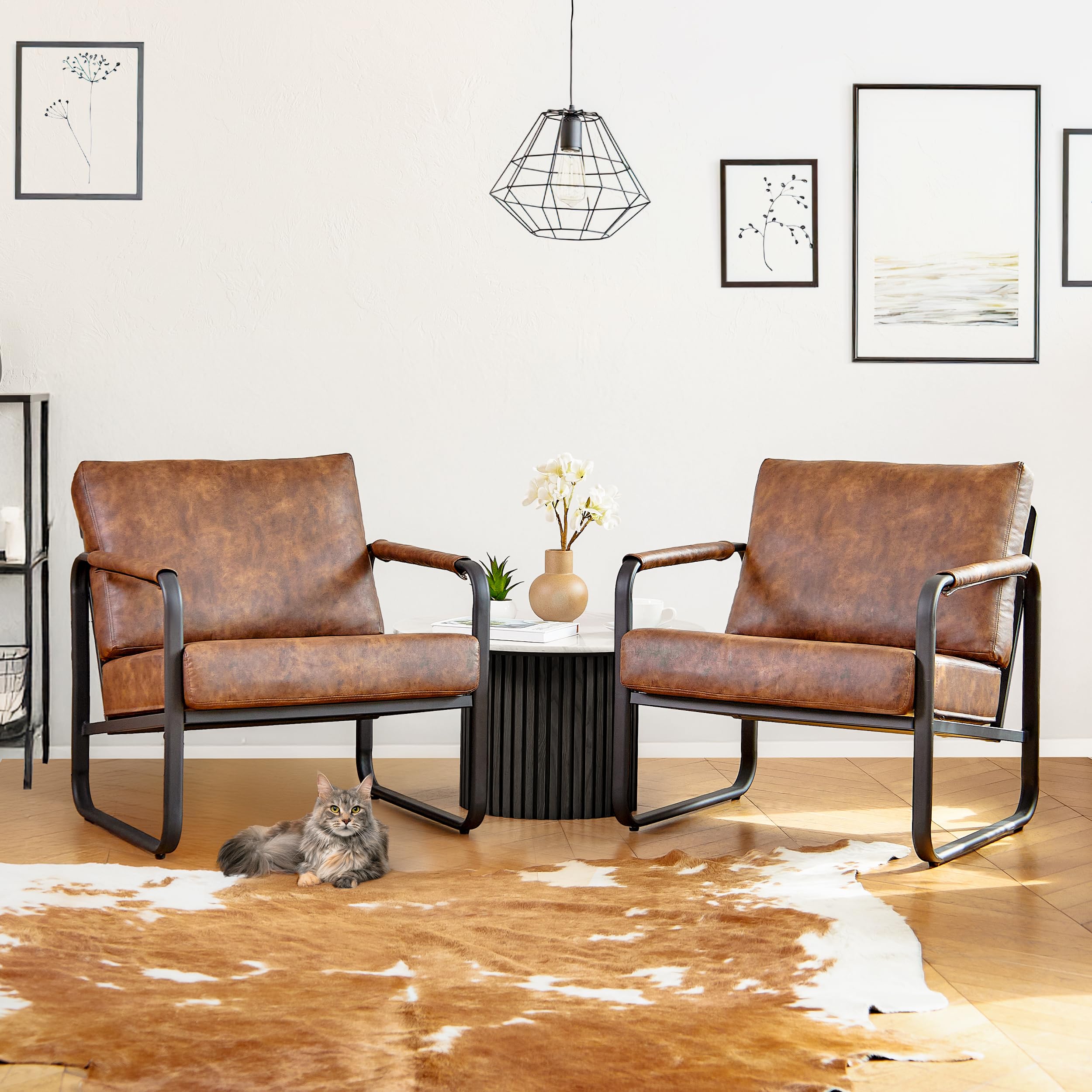 Mid-Century Modern Accent Chair Set of 2 - Faux Leather Armchair with Cushion