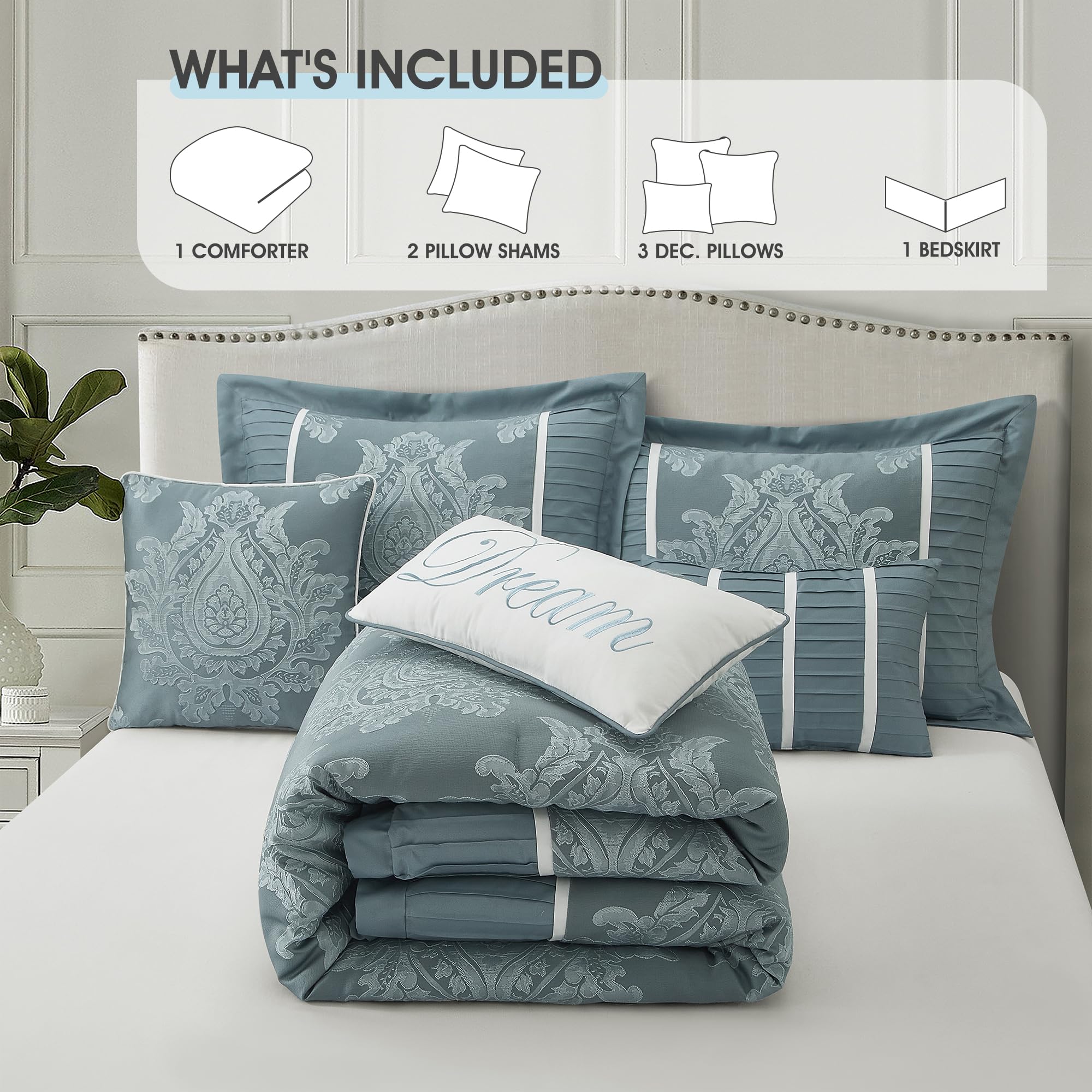 Blue King Size Damask Comforter Set - 7 Pieces