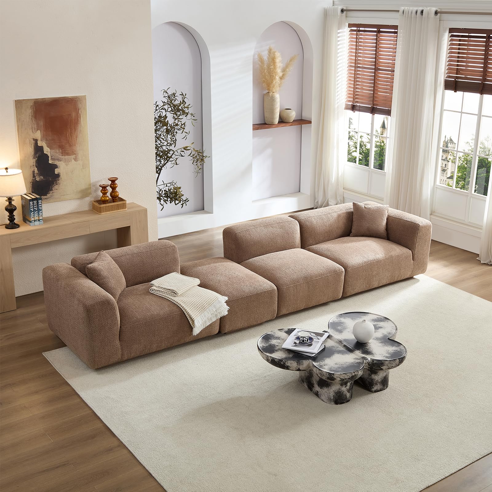 YOPENG 125” Luxury Modular Sectional Couches for Living Room, Modern Minimalist Style Sofa with Ottoman Chaise, Curved L Shape Sofa, Oversized Boucle Fabric Sofas, Camel