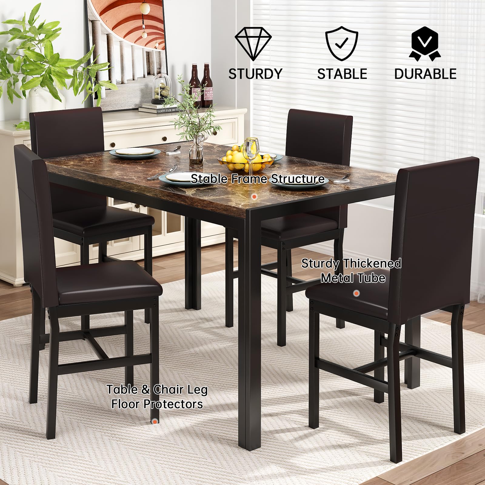 4-Piece Faux Marble Dining Table Set with PU Leather Chairs