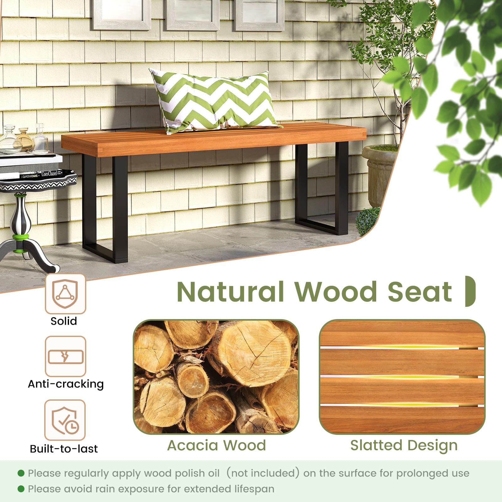 48" Acacia Wood Outdoor Bench with Slatted Seat