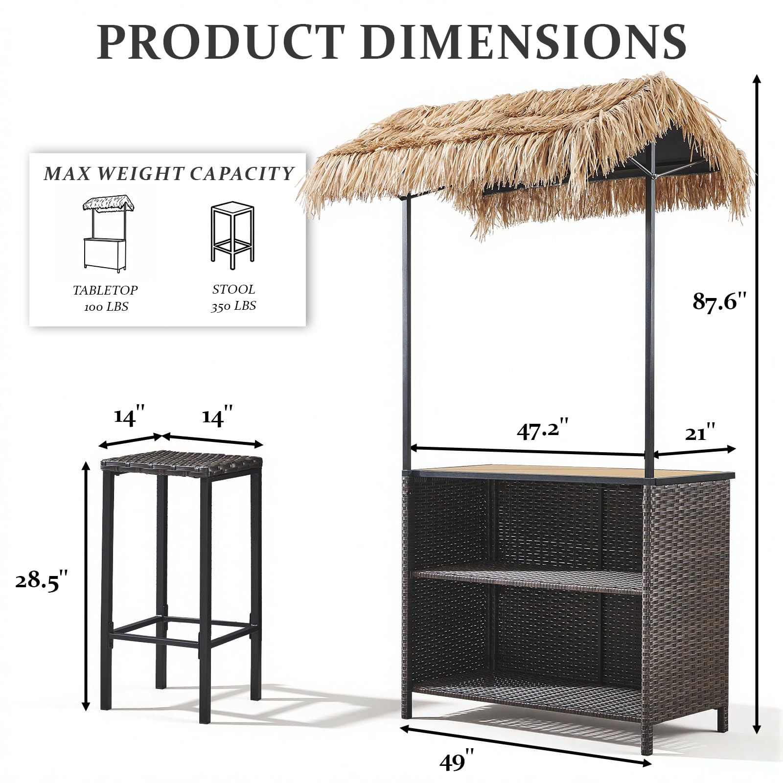 Outdoor Tiki Bar Set with Palapa Top and 2 Stools